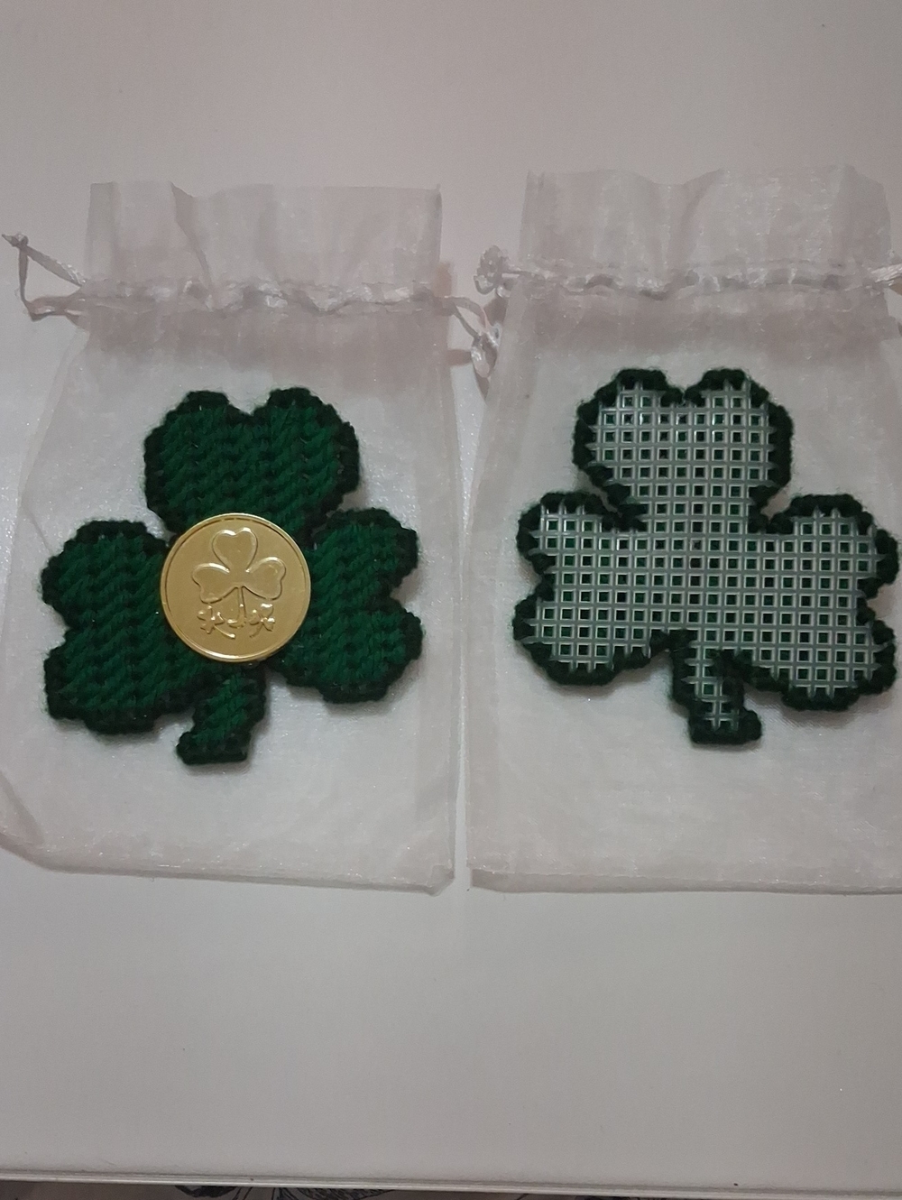 Plastic Canvas Handmade Green Shamrock With Gold Coin Magnet Or Pin